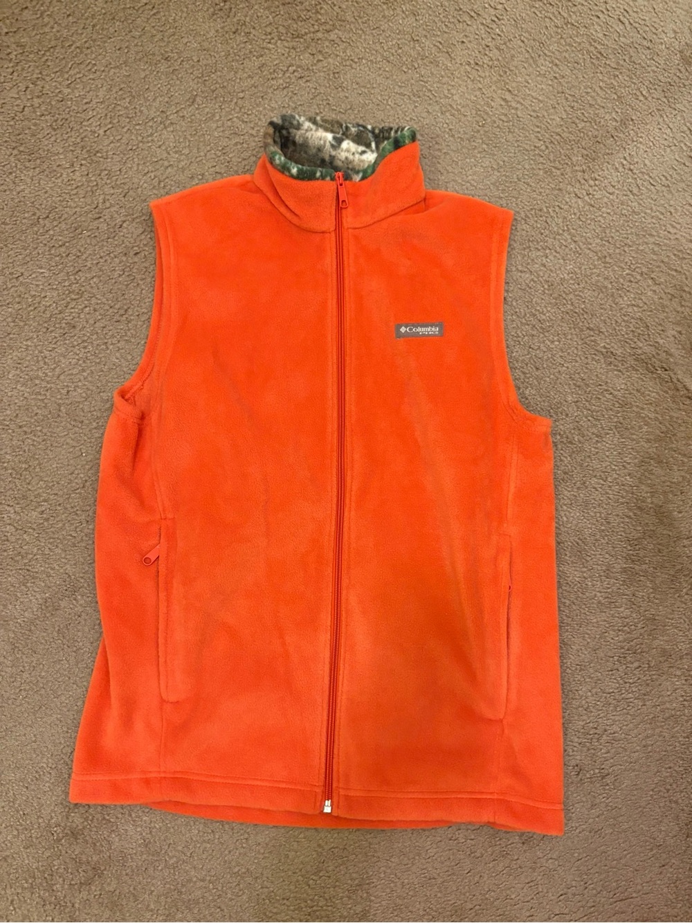 Columbia Orange Fleece Vest with Camo-Trim Collar